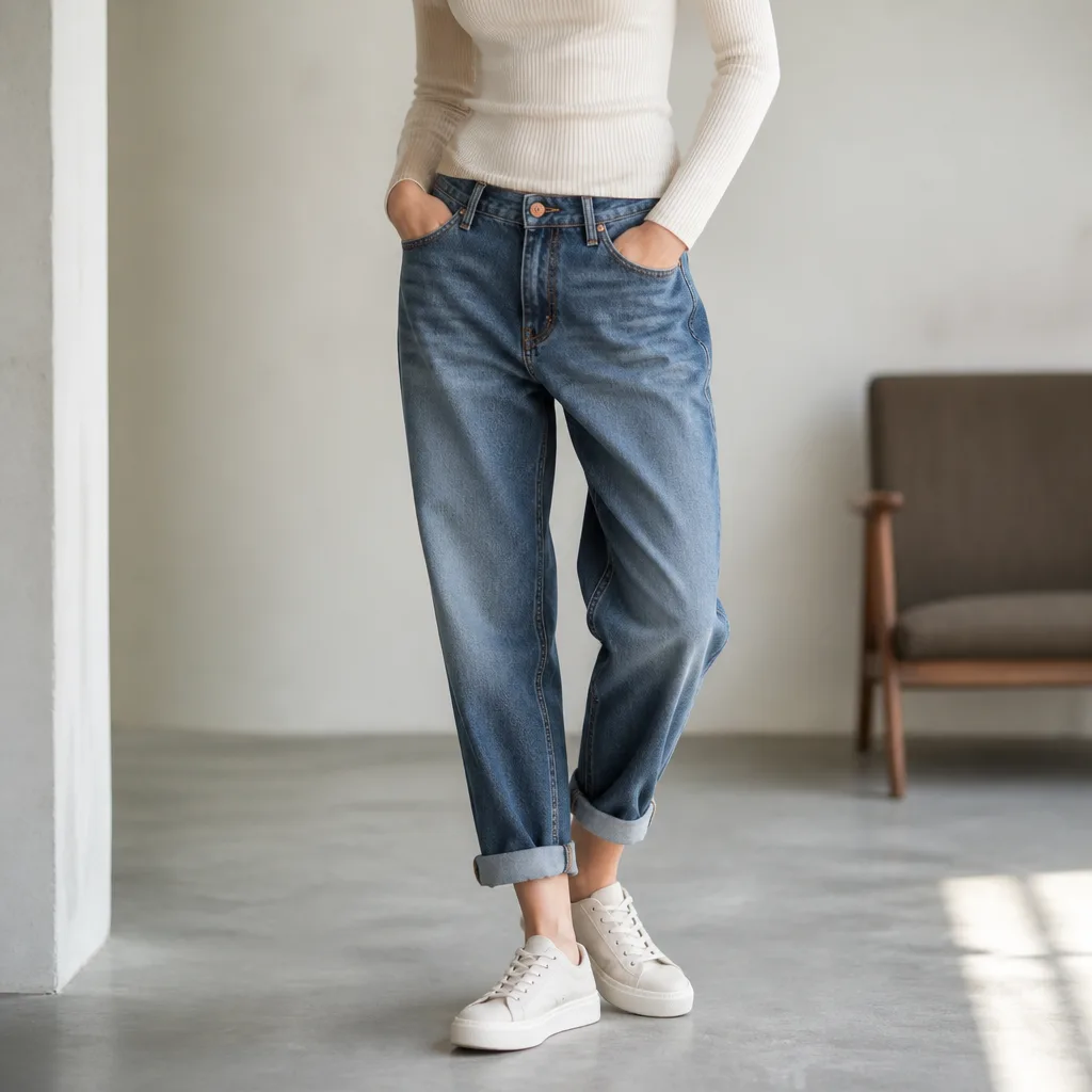boyfriend jeans ampi abbinati a un top aderente a coste, risvolti piegati alla caviglia