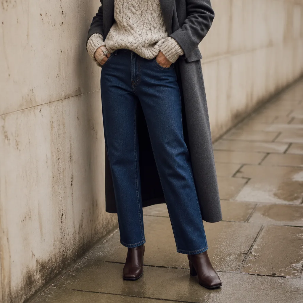 jeans dritti con un maglione pesante a trecce e stivali in pelle