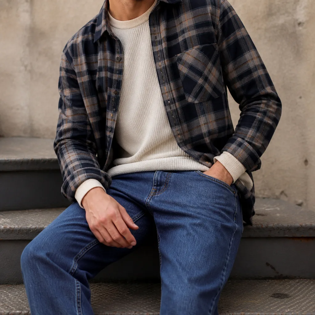 jeans rilassati con una camicia di flanella sovrapposta a un top termico