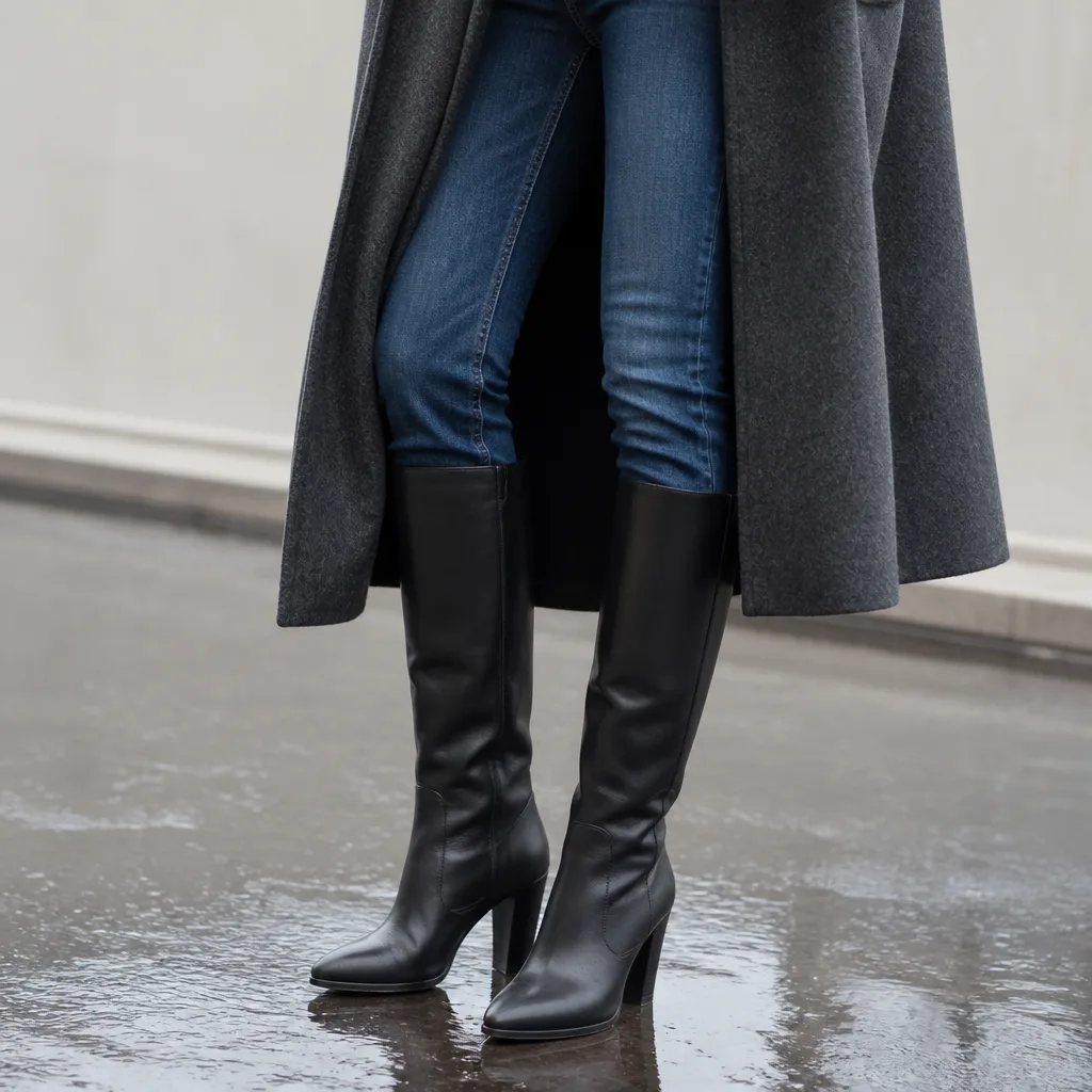 jeans slim infilati in stivali alti con un cappotto oversize