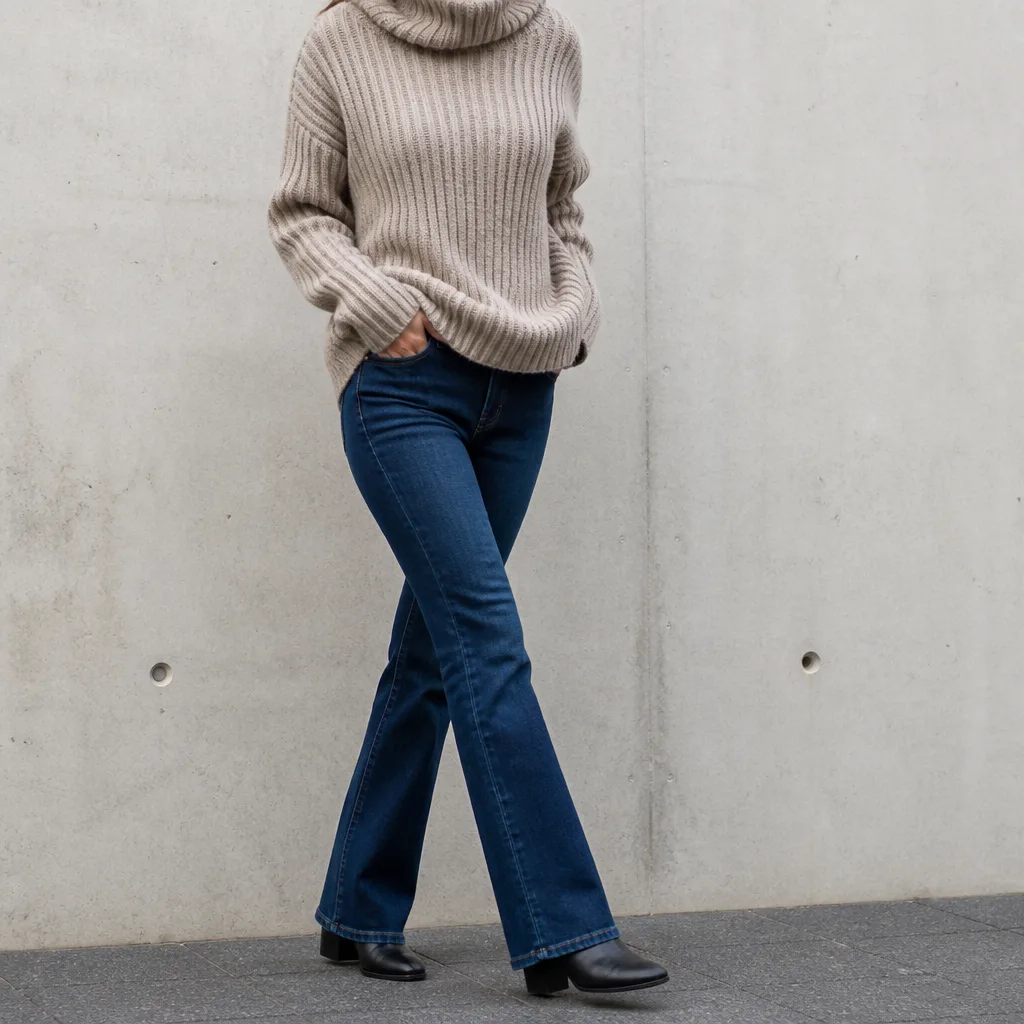 jeans bootcut con un dolcevita voluminoso e stivali con tacco largo