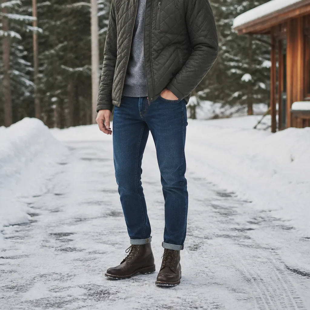 jeans affusolati con un piumino e stivali con lacci su un sentiero innevato