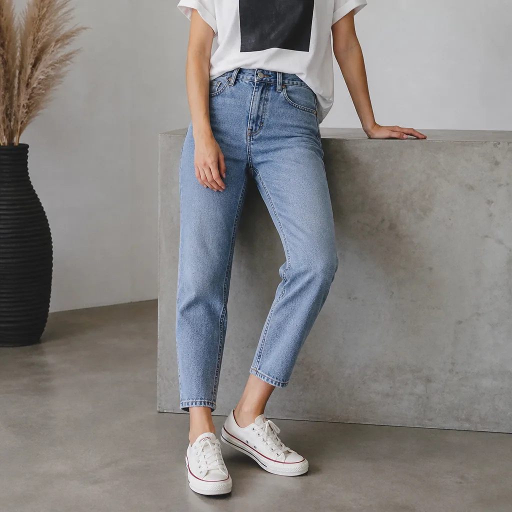 mom jeans a vita alta con una t-shirt semplice o grafica e sneaker di tela