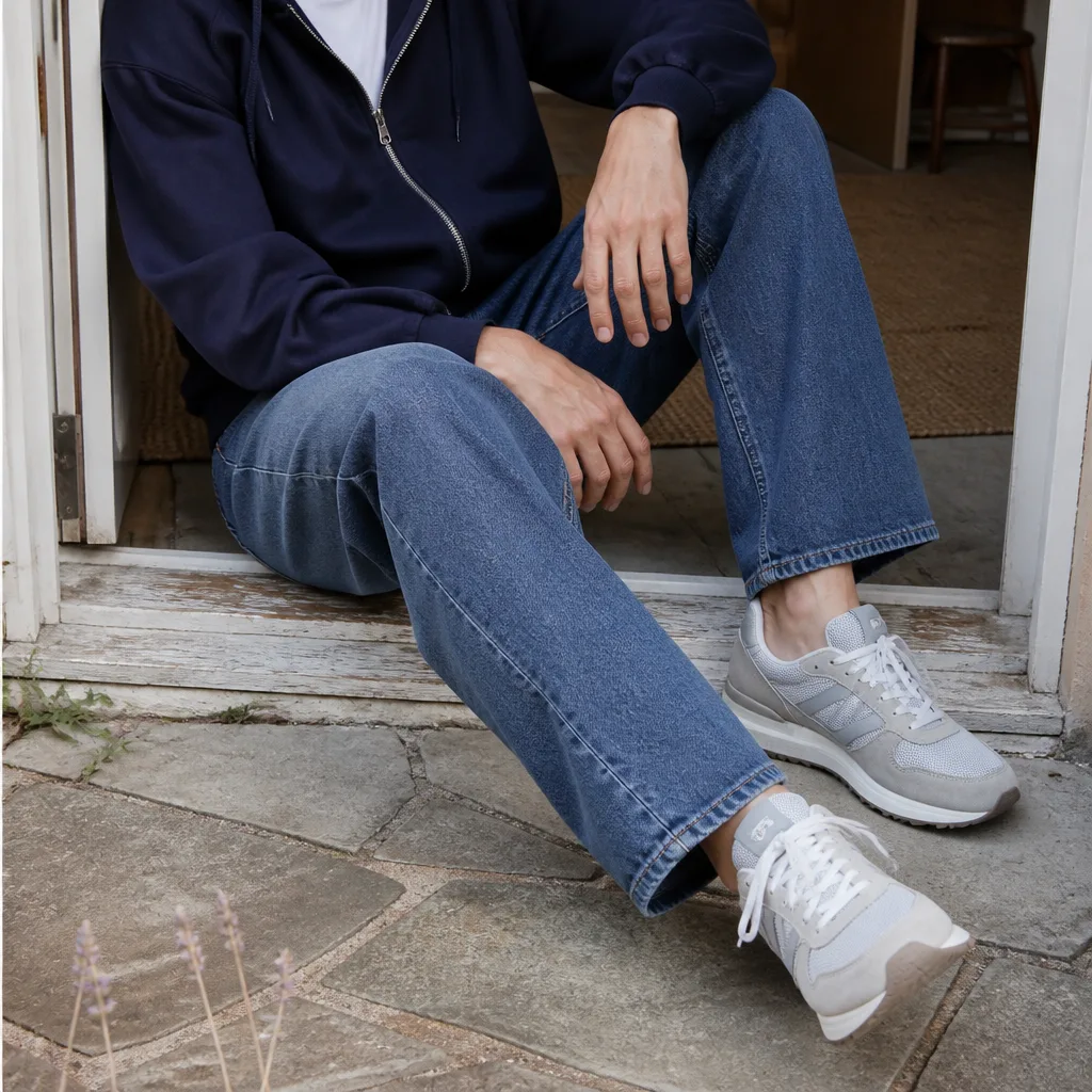 jeans rilassati con una felpa con zip e sneaker su una soglia di casa