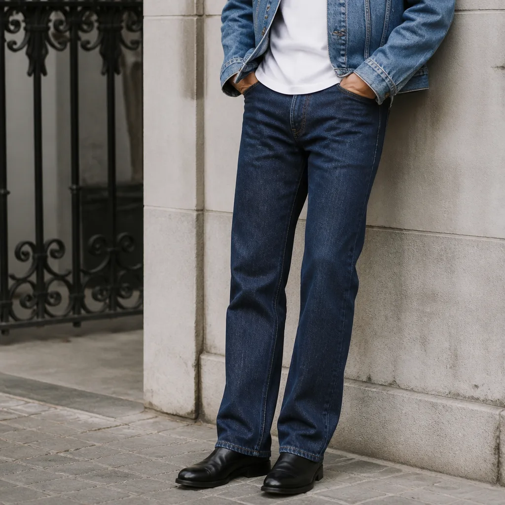 jeans dritti in un lavaggio indossati con una giacca di jeans in un lavaggio diverso