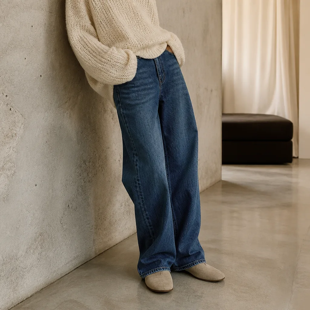 jeans a gamba larga con un top in maglia rilassato e scarpe piatte