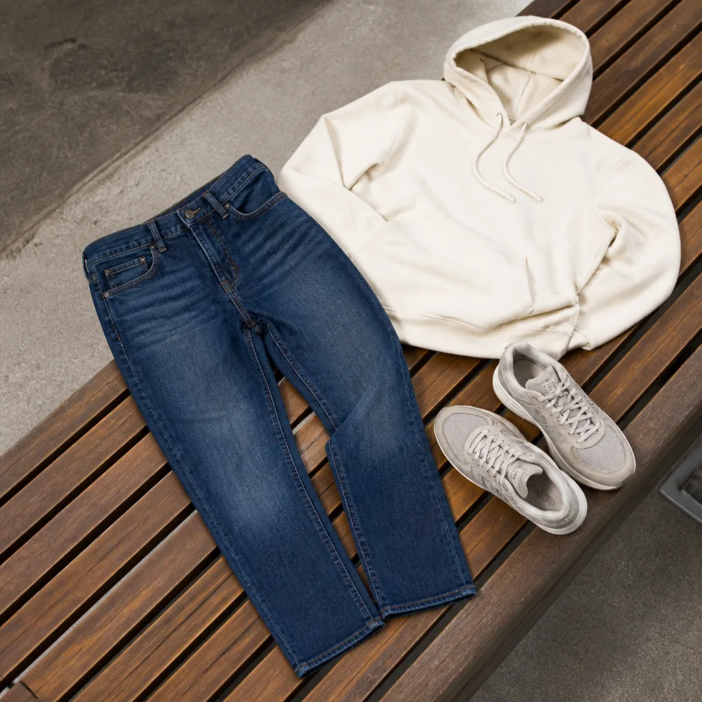 jeans affusolati con una felpa con cappuccio semplice e scarpe da corsa disposte su una panchina