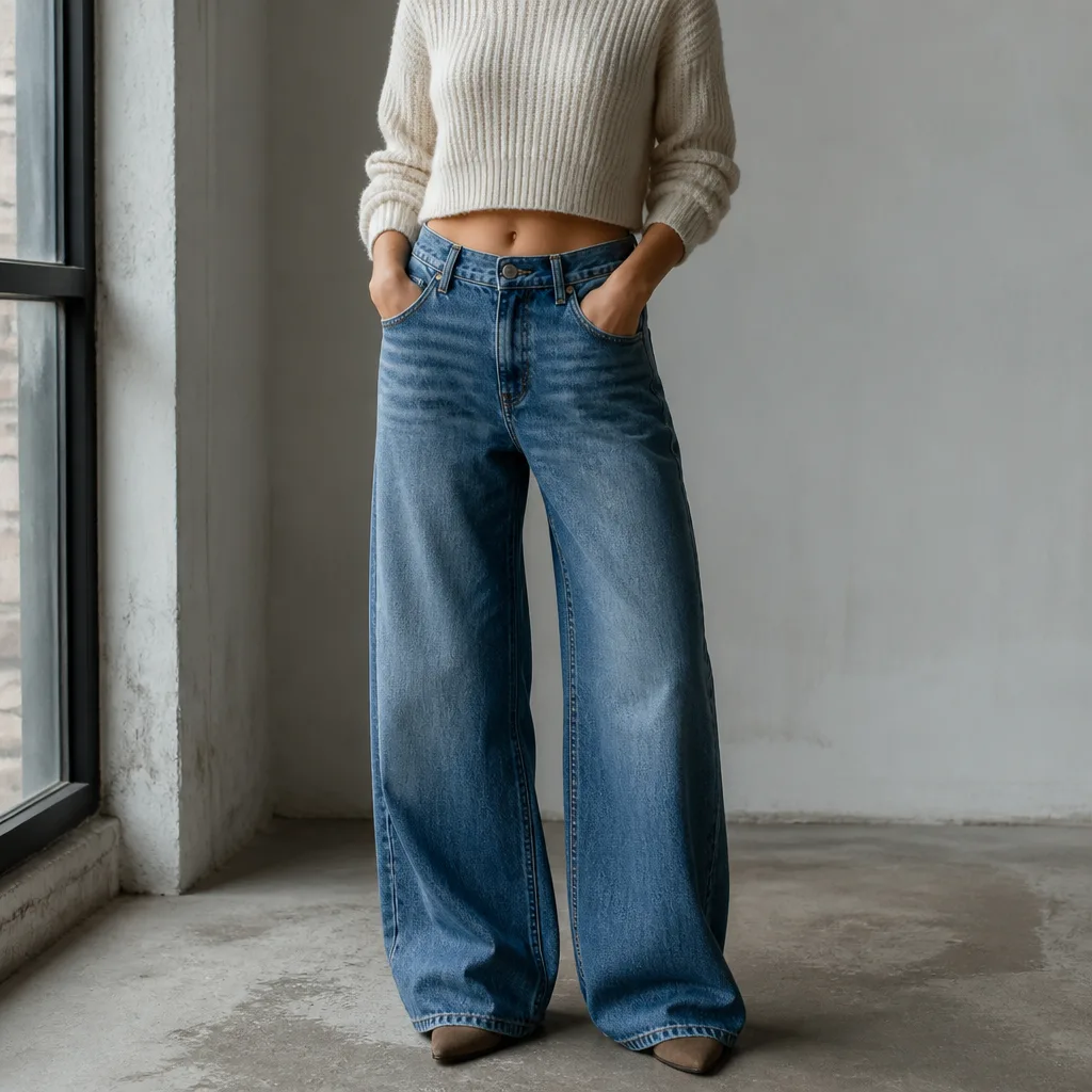 jeans a gamba larga con un maglione corto in maglia, che mostra uno spicchio di vita