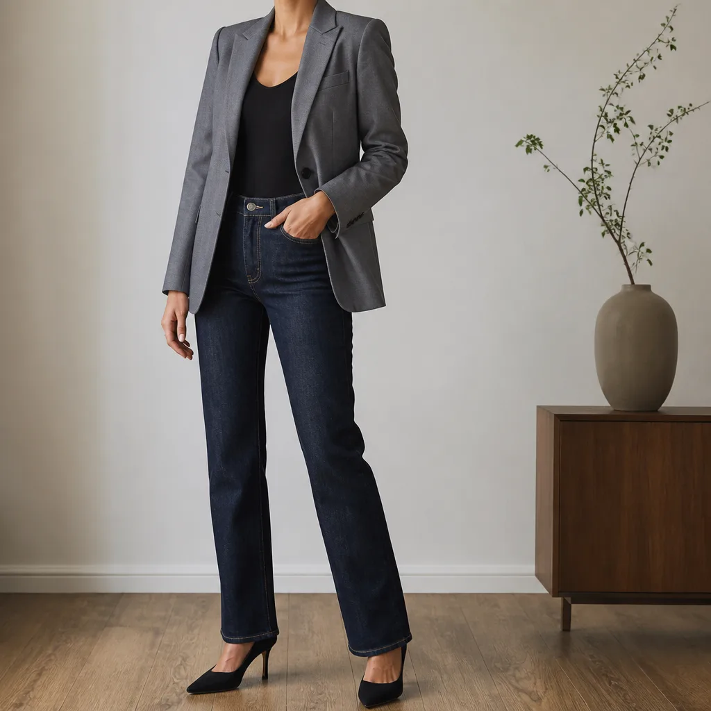 jeans dritti scuri con un blazer sartoriale e scarpe a punta su un pavimento in legno