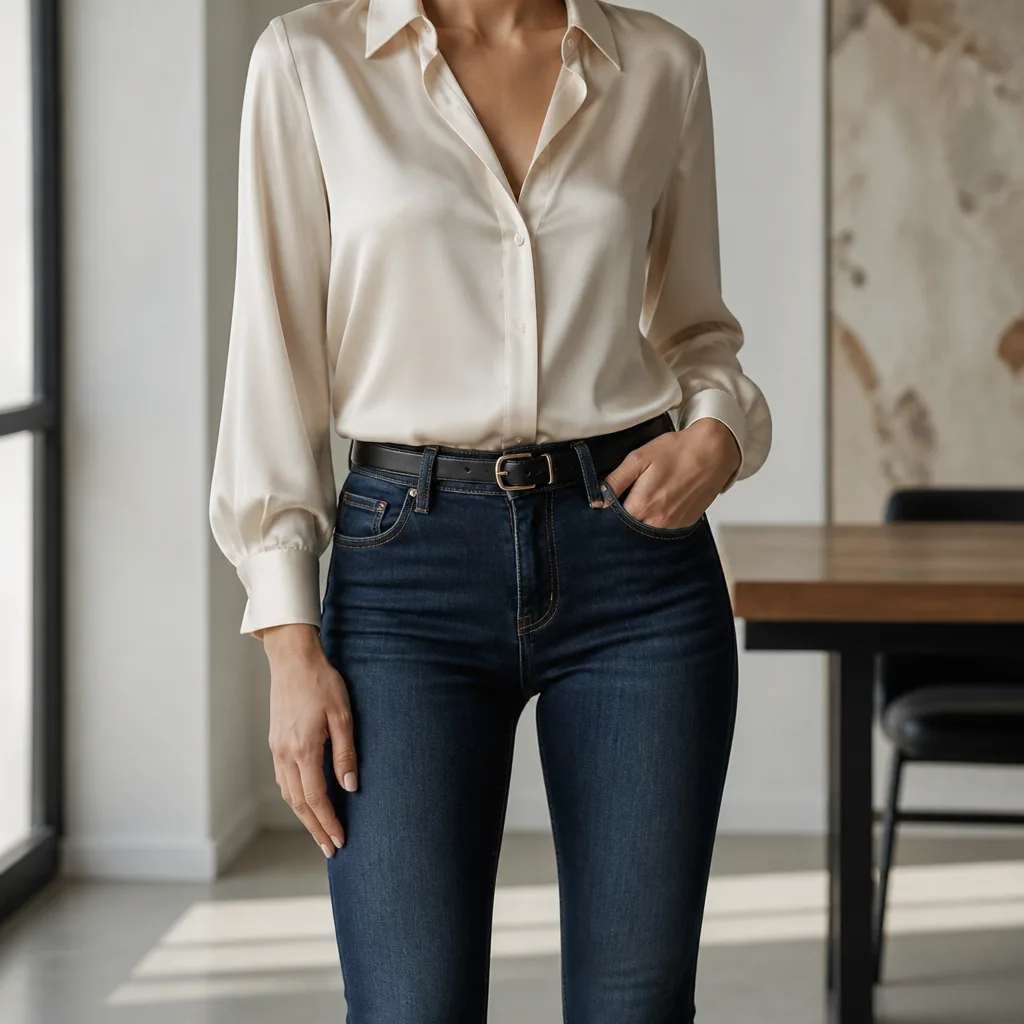 una blusa di seta infilata con jeans slim scuri e una cintura sottile