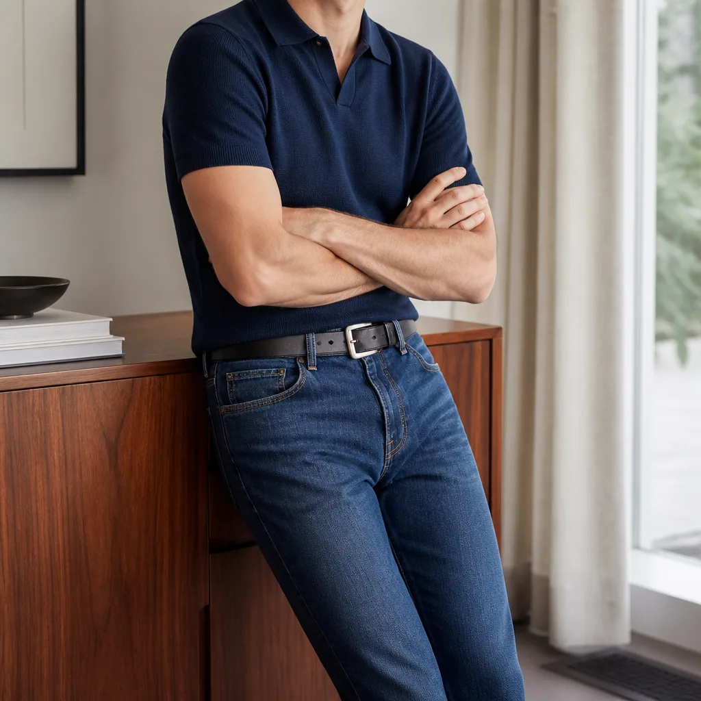 una polo in maglia fine infilata in jeans affusolati con una cintura in pelle