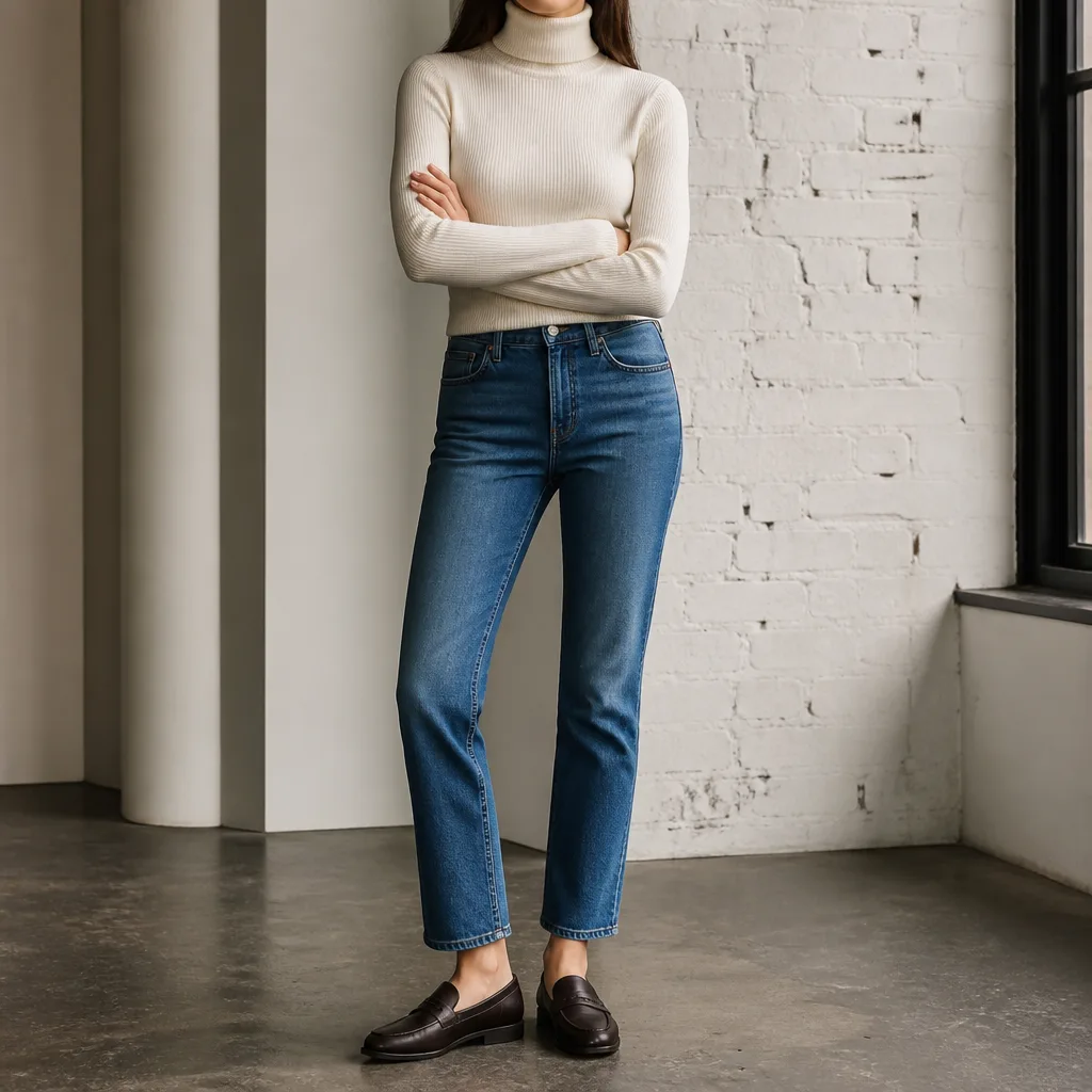 un dolcevita aderente infilato in jeans dritti a vita media con mocassini