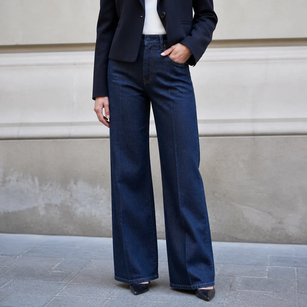 jeans a gamba larga a vita alta con un blazer corto aderente e scarpe con tacco