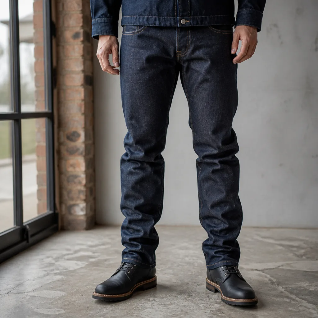 Persona che indossa jeans in denim grezzo scuro in piedi in modo informale, focus sulla gamba e sulle pieghe del tessuto, nessun volto visibile
