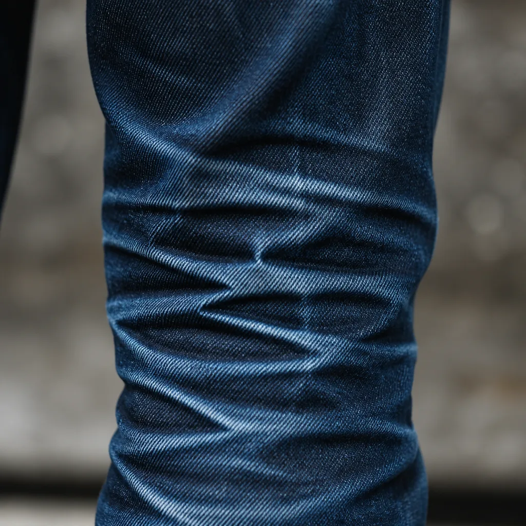Primo piano di denim indaco sbiadito al ginocchio che mostra un motivo di pieghe honeycomb più chiare su tessuto più scuro