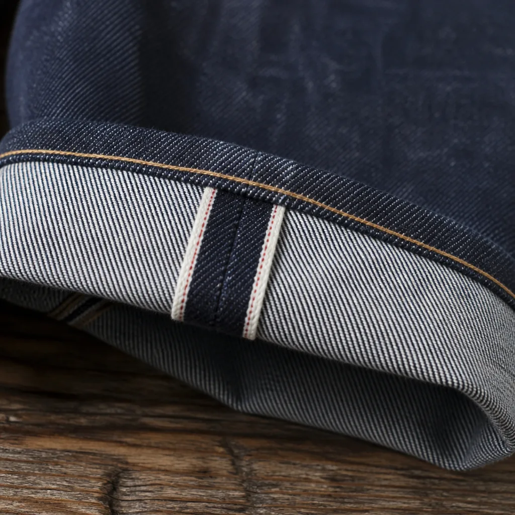 Primo piano di un risvolto di jeans piegato che mostra una linea selvedge colorata lungo il bordo della cucitura