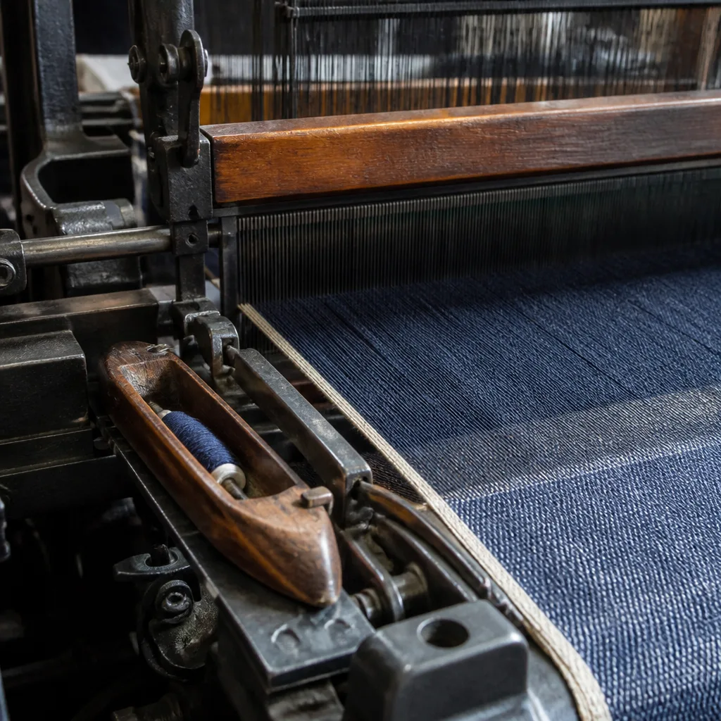 Telaio a navetta stretto d'epoca che tesse tessuto denim, primo piano di fili e meccanismo, nessuna persona visibile