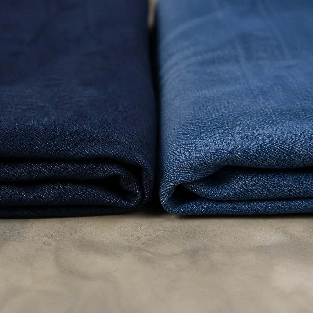 Due paia di jeans piegate una accanto all'altra, una in denim visibilmente più rigido e una in denim elastico più morbido, confronto ravvicinato delle texture