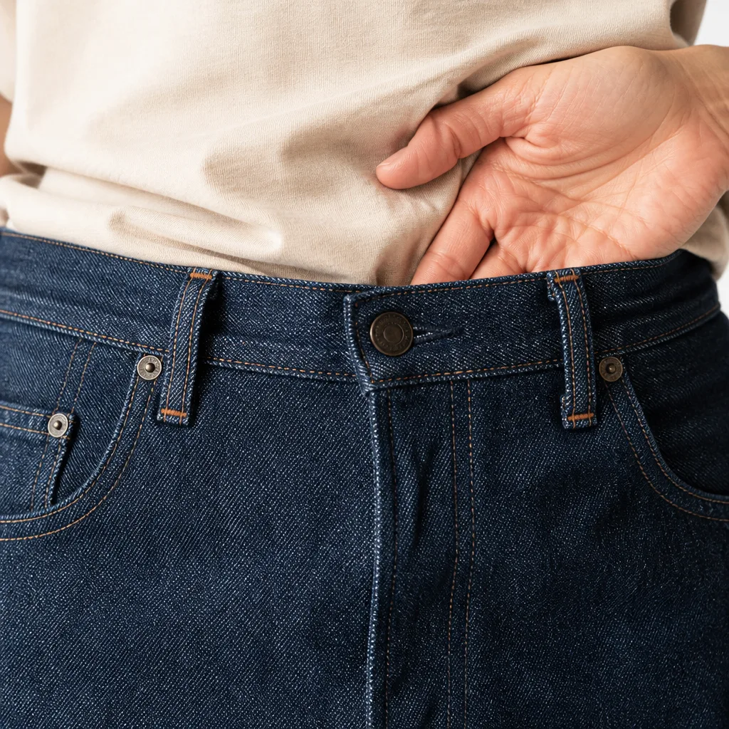 Primo piano di un girovita di jeans e passanti per cintura su una persona in piedi, nessun volto visibile