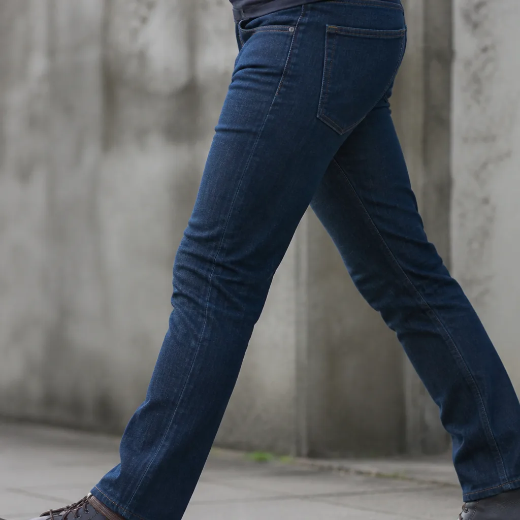 Vista laterale di gambe in jeans a gamba dritta mentre camminano, focus su coscia e ginocchio, nessun volto visibile