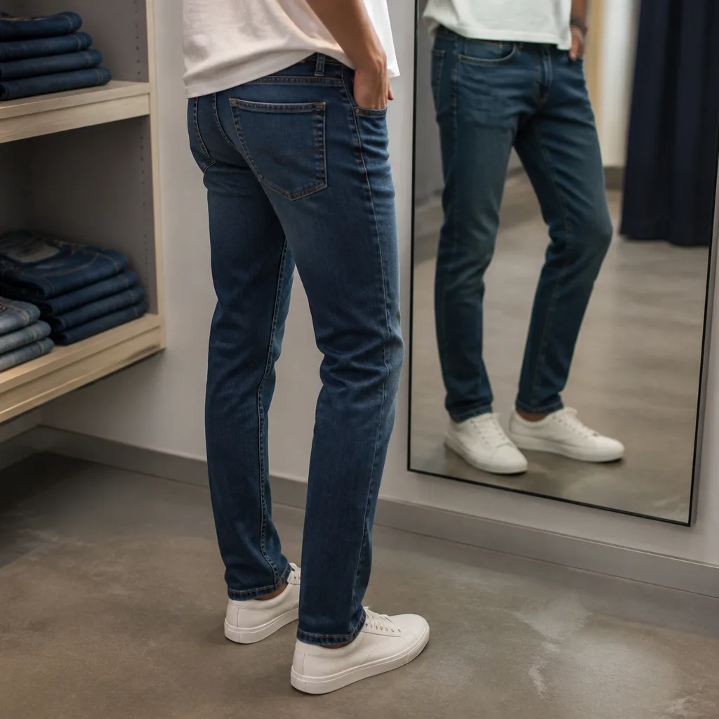 Specchio di camerino che riflette jeans piegati su una mensola accanto a un paio in prova, nessun volto visibile